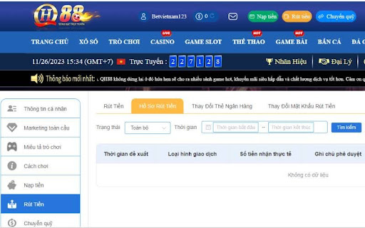 Hồ số rút tiền của người chơi